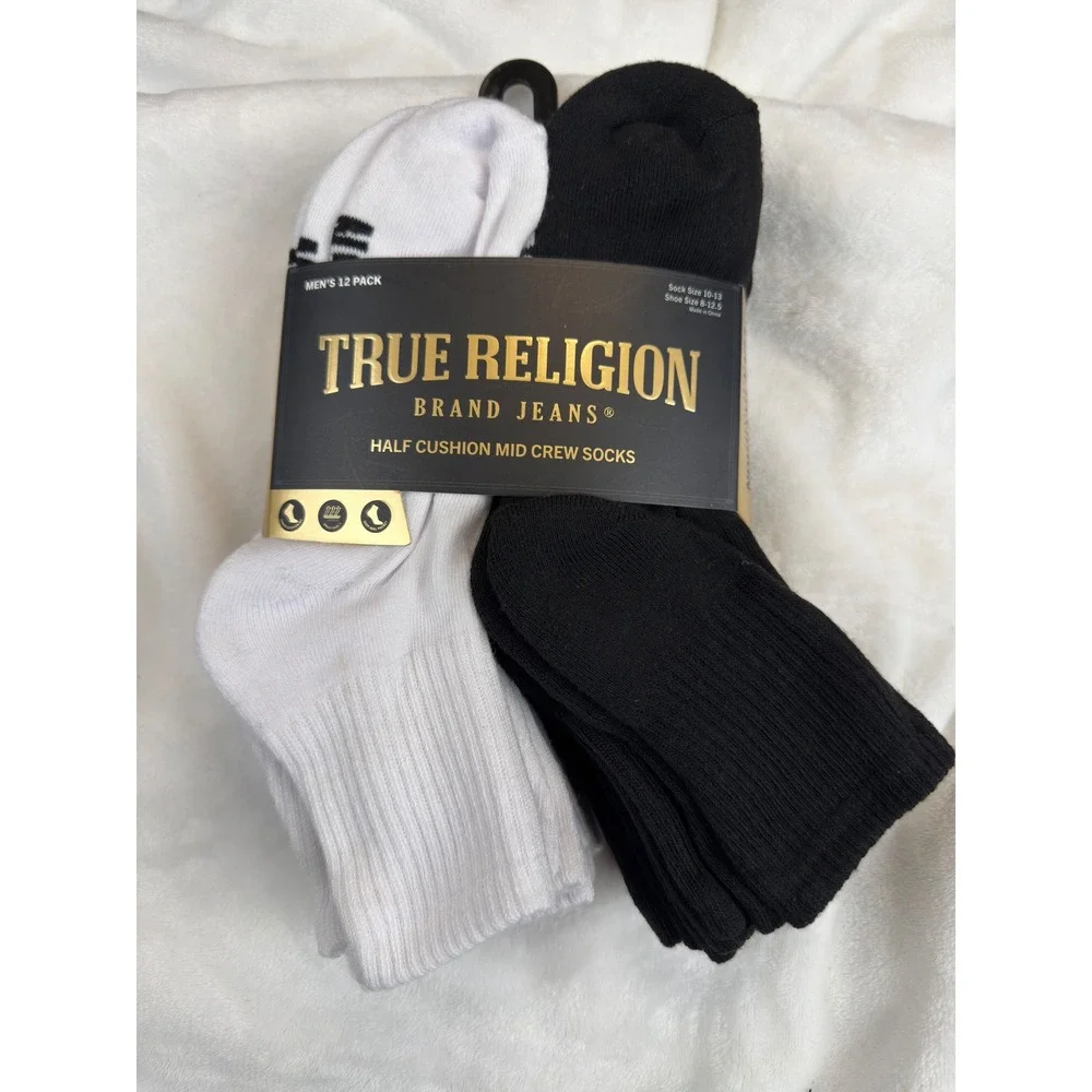 True Religion Mens 12 Pack Half Cushion Quarter Socks Black White Sz 10-13 New
